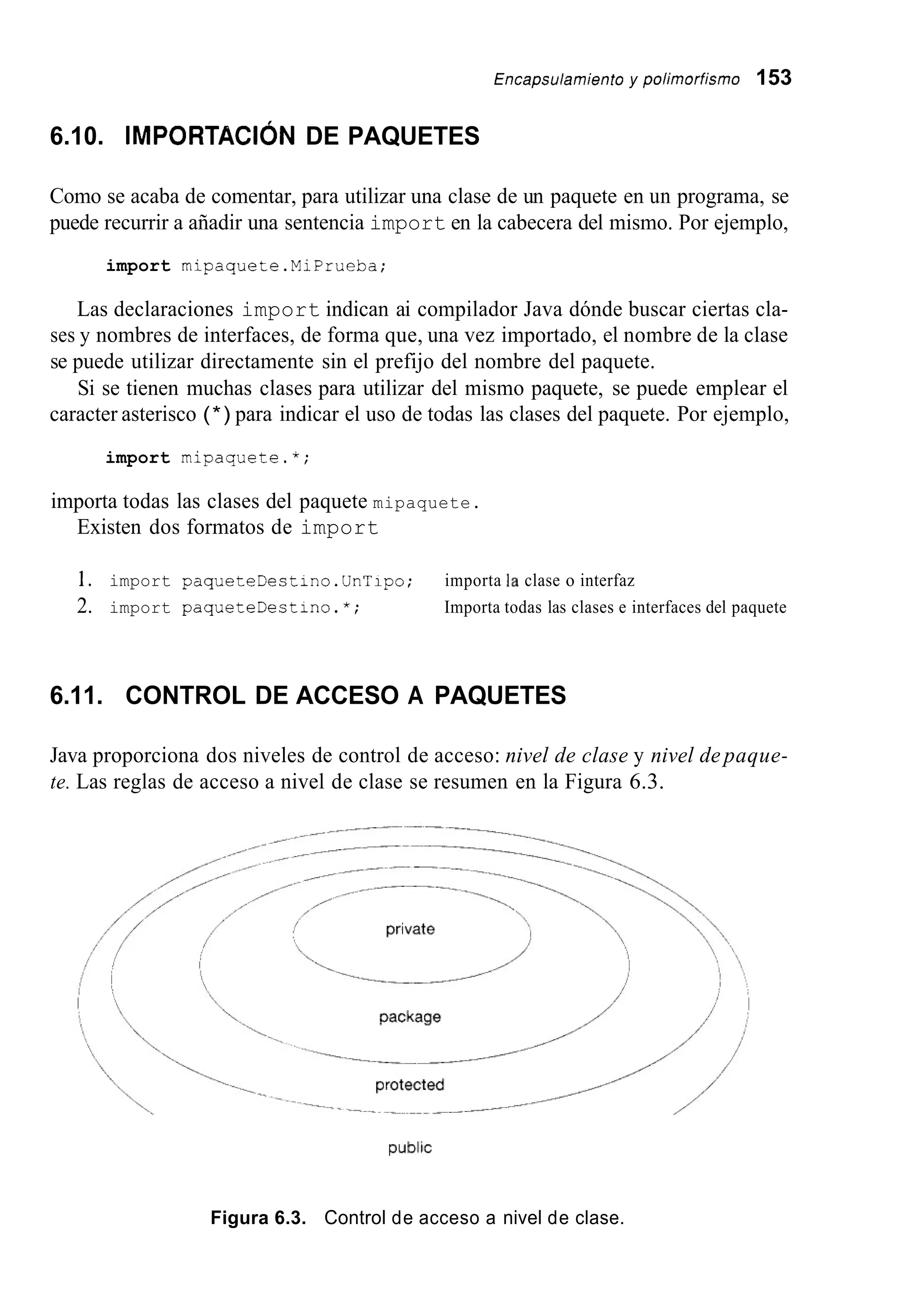Encapsu/arnientoy poiirnorfisrno 153
6.10. IMPORTACIÓN DE PAQUETES
Como se acaba de comentar, para utilizar una clase de un paquete en un programa, se
puede recurrir a añadir una sentencia import en la cabecera del mismo. Por ejemplo,
import rnipaquete.MiPrueba;
Las declaraciones import indican ai compilador Java dónde buscar ciertas cla-
ses y nombres de interfaces, de forma que, una vez importado, el nombre de la clase
se puede utilizar directamente sin el prefijo del nombre del paquete.
Si se tienen muchas clases para utilizar del mismo paquete, se puede emplear el
caracter asterisco (*) para indicar el uso de todas las clases del paquete. Por ejemplo,
import mipaquete.*;
importa todas las clases del paquete mipaquete.
Existen dos formatos de import
1. import paqueteDestino.UnTipo; importa la clase o interfaz
2. import paqueteDestino.*; Importa todas las clases e interfaces del paquete
6.11. CONTROL DE ACCESO A PAQUETES
Java proporciona dos niveles de control de acceso: nivel de clase y nivel de paque-
te. Las reglas de acceso a nivel de clase se resumen en la Figura 6.3.
Figura 6.3. Control de acceso a nivel de clase.
 
