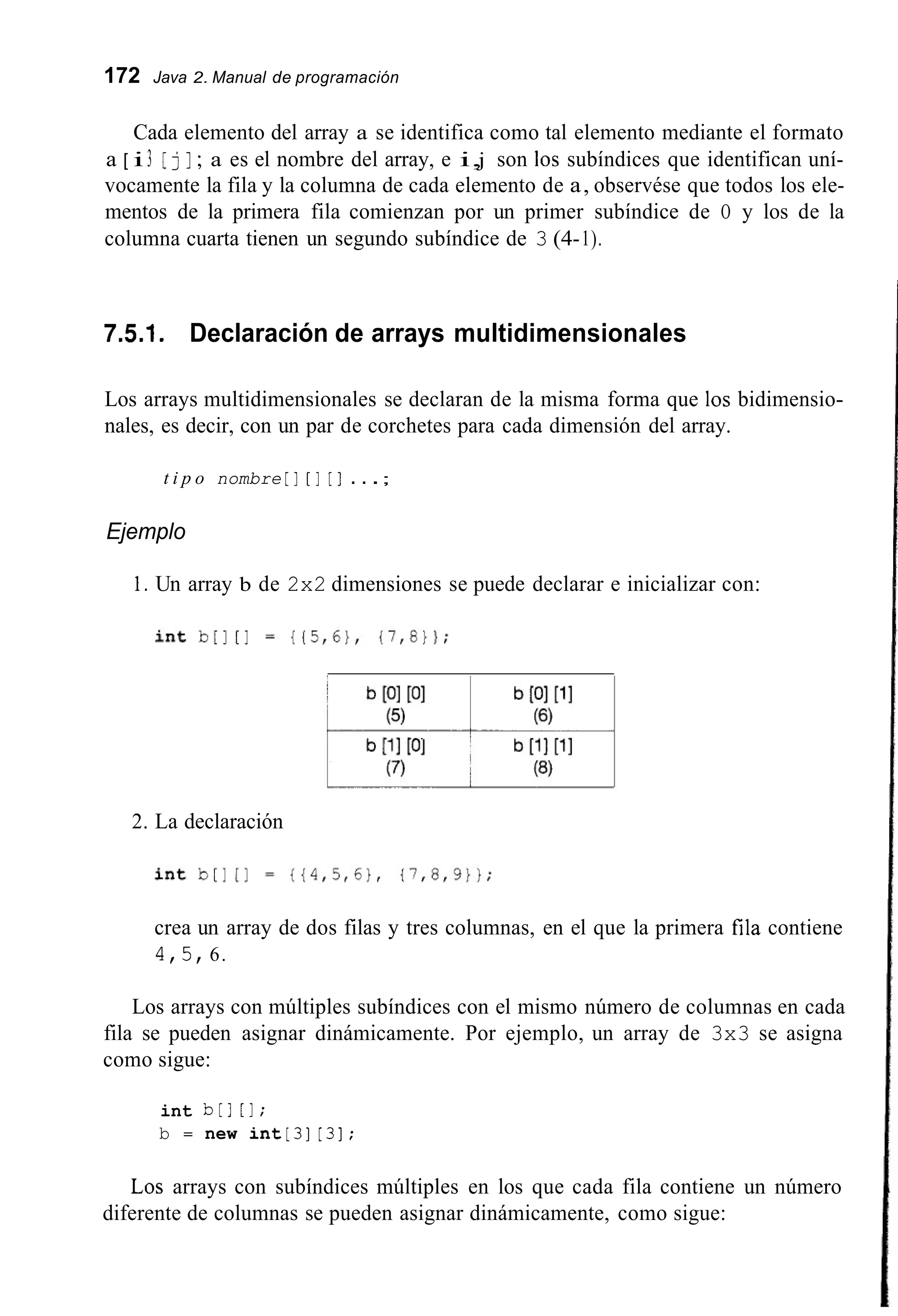 172 Java 2. Manual de programación
Cada elemento del array a se identifica como tal elemento mediante el formato
a [ i 3 I.j] ; a es el nombre del array, e i,j son los subíndices que identifican uní-
vocamente la fila y la columna de cada elemento de a, observése que todos los ele-
mentos de la primera fila comienzan por un primer subíndice de O y los de la
columna cuarta tienen un segundo subíndice de 3 (4-1).
7.5.1. Declaración de arrays multidimensionales
Los arrays multidimensionales se declaran de la misma forma que los bidimensio-
nales, es decir, con un par de corchetes para cada dimensión del array.
t i p o nombre [ I [I [ I . . .;
Ejemplo
1. Un array b de 2x2 dimensiones se puede declarar e inicializar con:
2. La declaración
crea un array de dos filas y tres columnas, en el que la primera fila contiene
4,5,6.
Los arrays con múltiples subíndices con el mismo número de columnas en cada
fila se pueden asignar dinámicamente. Por ejemplo, un array de 3x3 se asigna
como sigue:
int b[l [I;
b = new int[3][3];
Los arrays con subíndices múltiples en los que cada fila contiene un número
diferente de columnas se pueden asignar dinámicamente, como sigue:
 