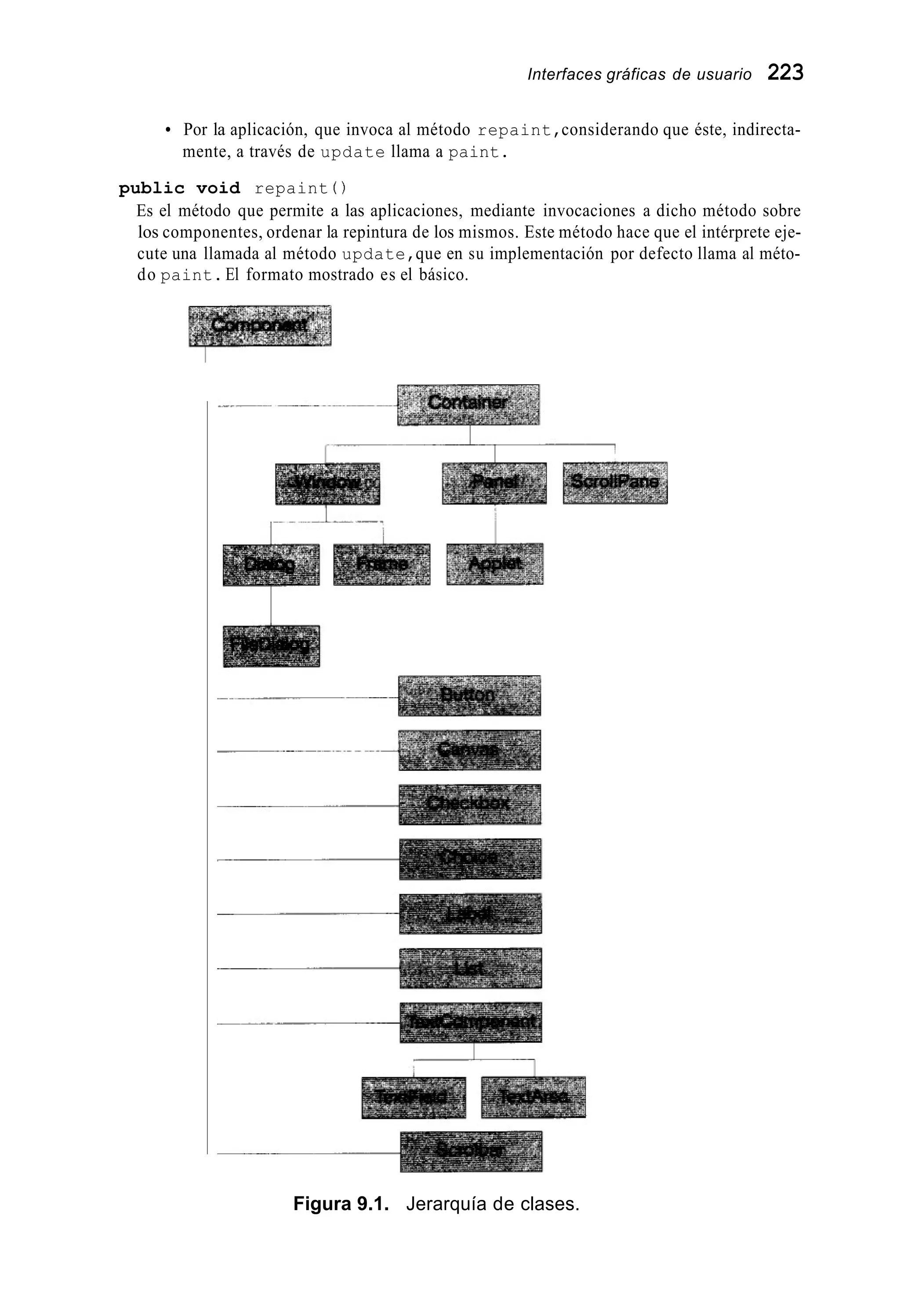 Interfaces gráficas de usuario 223
Por la aplicación, que invoca al método repaint,considerando que éste, indirecta-
mente, a través de update llama a paint.
public void repaint ( )
Es el método que permite a las aplicaciones, mediante invocaciones a dicho método sobre
los componentes, ordenar la repintura de los mismos. Este método hace que el intérprete eje-
cute una llamada al método update,que en su implementación por defecto llama al méto-
do paint.El formato mostrado es el básico.
Figura 9.1. Jerarquía de clases.
 
