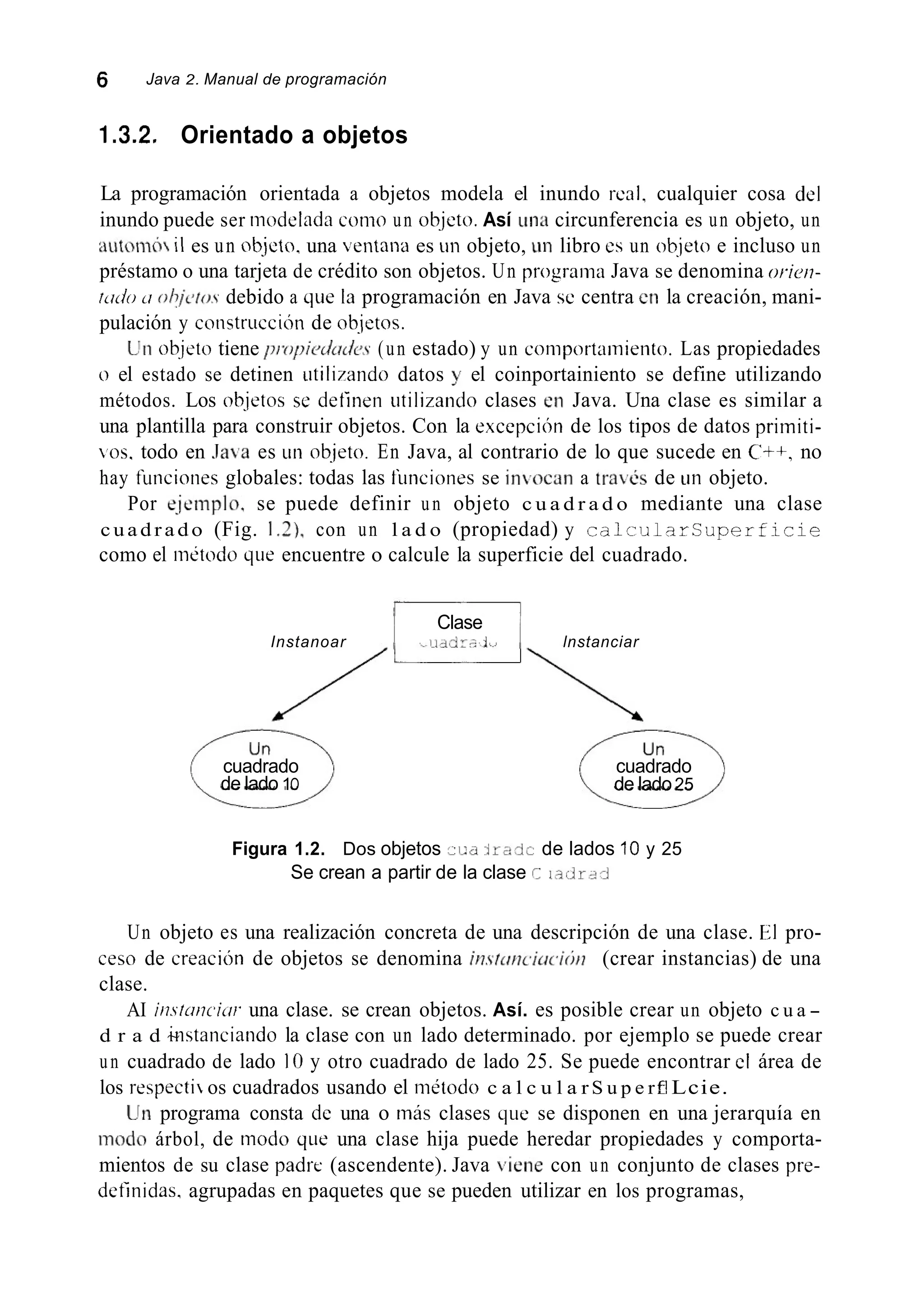 6 Java 2. Manual de programación
1.3.2. Orientado a objetos
La programación orientada a objetos modela el inundo real, cualquier cosa del
inundo puede ser inodelada cotno un ob-jeto.Así una circunferencia es un objeto, un
autoiii¿hiI es un &jeto, una ventana es un objeto, un libro cs un ob.jeto e incluso un
préstamo o una tarjeta de crédito son objetos. Un prograina Java se denomina oricii-
ttrtio LI oi?jc'/o.s debido a que la programación en Java se centra en la creación, mani-
pulación y coiistruccih de objetos.
Un objeto tiene p i ~ ) p i ~ & ~ i c ~ , s(un estado) y un coniportainieiito. Las propiedades
o el estado se detinen iitilinndo datos y el coinportainiento se define utilizando
métodos. Los ob-jetos sc detitien utilizando clases en Java. Una clase es similar a
una plantilla para construir objetos. Con la excepcicín de los tipos de datos primiti-
os. todo en Ja.a es uti ob.jeto. En Java, al contrario de lo que sucede en C++, no
hay fuiicioiies globales: todas las iiinciones se in,ocan a tra,Cs de tin objeto.
Por e-jeinplo, se puede definir un objeto c u a d r a d o mediante una clase
c u a d r a d o (Fig. l.2), con un l a d o (propiedad) y caliularSuperficie
como el mt.todo qiie encuentre o calcule la superficie del cuadrado.
Clase
Instanoar I I d d T í 1 lnstanciar
cuadrado
de lado 1O
cuadrado
de lado25
Figura 1.2. Dos objetos , ~ dlrCricde lados 10 y 25
Se crean a partir de la clase r, i a j r ~ i
Un objeto es una realización concreta de una descripción de una clase. El pro-
ceso de creacicín de objetos se denomina ii~7~f~1~1~.i~rc,iÓi?(crear instancias) de una
clase.
AI iiufcrwitn. una clase. se crean objetos. Así. es posible crear un objeto c u a -
d r a d ~instaiiciando la clase con un lado determinado. por ejemplo se puede crear
un cuadrado de lado I O y otro cuadrado de lado 25. Se puede encontrar cl área de
los respecti os cuadrados usando el inktodo c a l c u l a r S u p e r fLcie.
Uti programa consta de una o más clases que se disponen en una jerarquía en
modo árbol, de modo qiie una clase hija puede heredar propiedades y comporta-
mientos de su clase padrc (ascendente). Java con un conjunto de clases pre-
dctinidas, agrupadas en paquetes que se pueden utilizar en los programas,
 