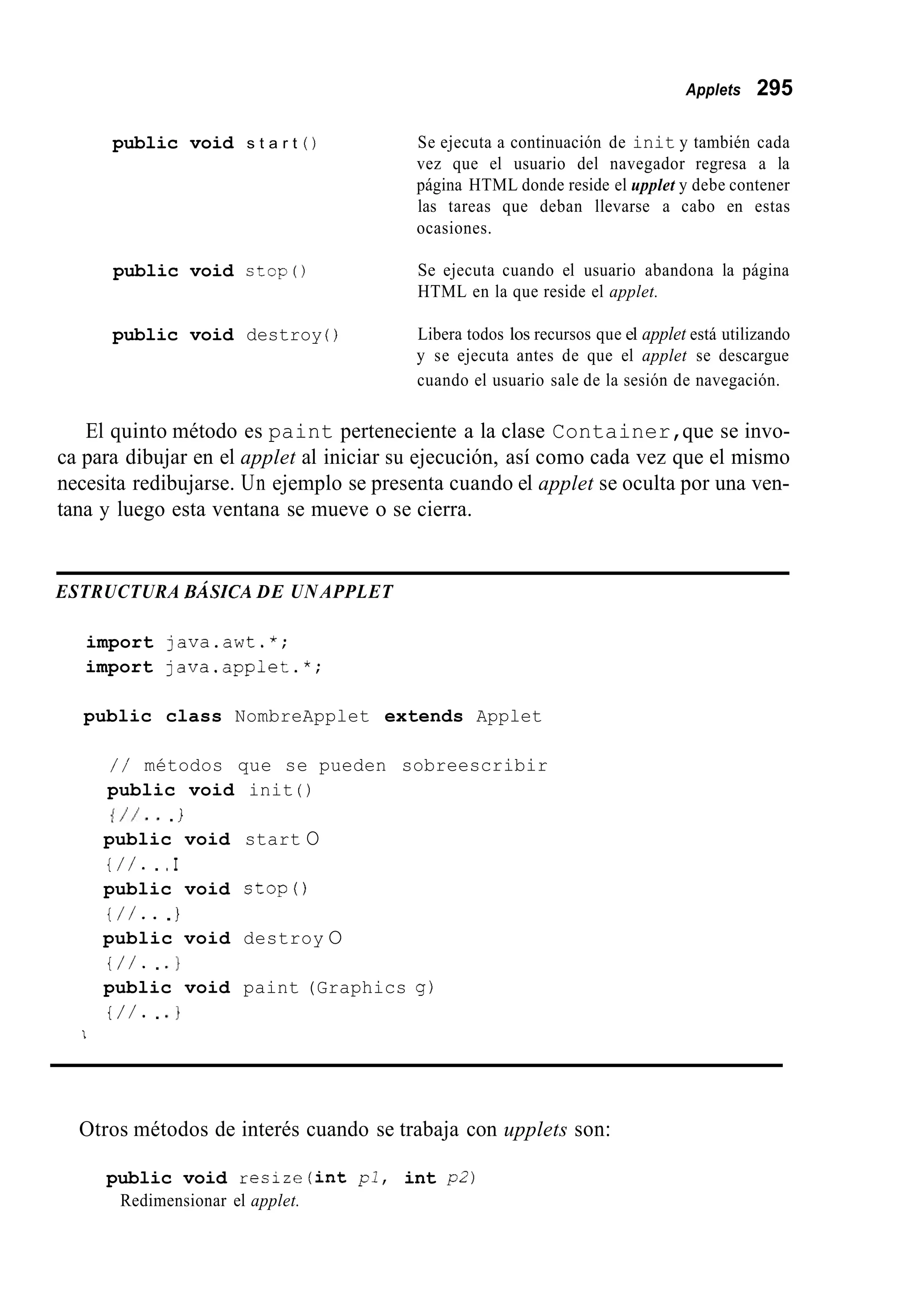 Applets 295
public void s t a r t ( ) Se ejecuta a continuación de init y también cada
vez que el usuario del navegador regresa a la
página HTML donde reside el upplet y debe contener
las tareas que deban llevarse a cabo en estas
ocasiones.
public void stop() Se ejecuta cuando el usuario abandona la página
HTML en la que reside el applet.
public void destroy ( ) Libera todos los recursos que el applet está utilizando
y se ejecuta antes de que el applet se descargue
cuando el usuario sale de la sesión de navegación.
El quinto método es paint perteneciente a la clase Container,que se invo-
ca para dibujar en el applet al iniciar su ejecución, así como cada vez que el mismo
necesita redibujarse. Un ejemplo se presenta cuando el applet se oculta por una ven-
tana y luego esta ventana se mueve o se cierra.
ESTRUCTURA BÁSICA DE UN APPLET
import java.awt.*;
import java.applet.*;
public class NombreApplet extends Applet
/ / métodos que se pueden sobreescribir
public void init ( )
{ / I . ..i
public void start O
{ / / .. . I
public void stop0
{ / I . ..I
public void destroy O
{ / / . . . I
public void paint (Graphics g)
{ / / .. . I
I
Otros métodos de interés cuando se trabaja con upplets son:
public void recize(int pl, int p2)
Redimensionar el applet.
 