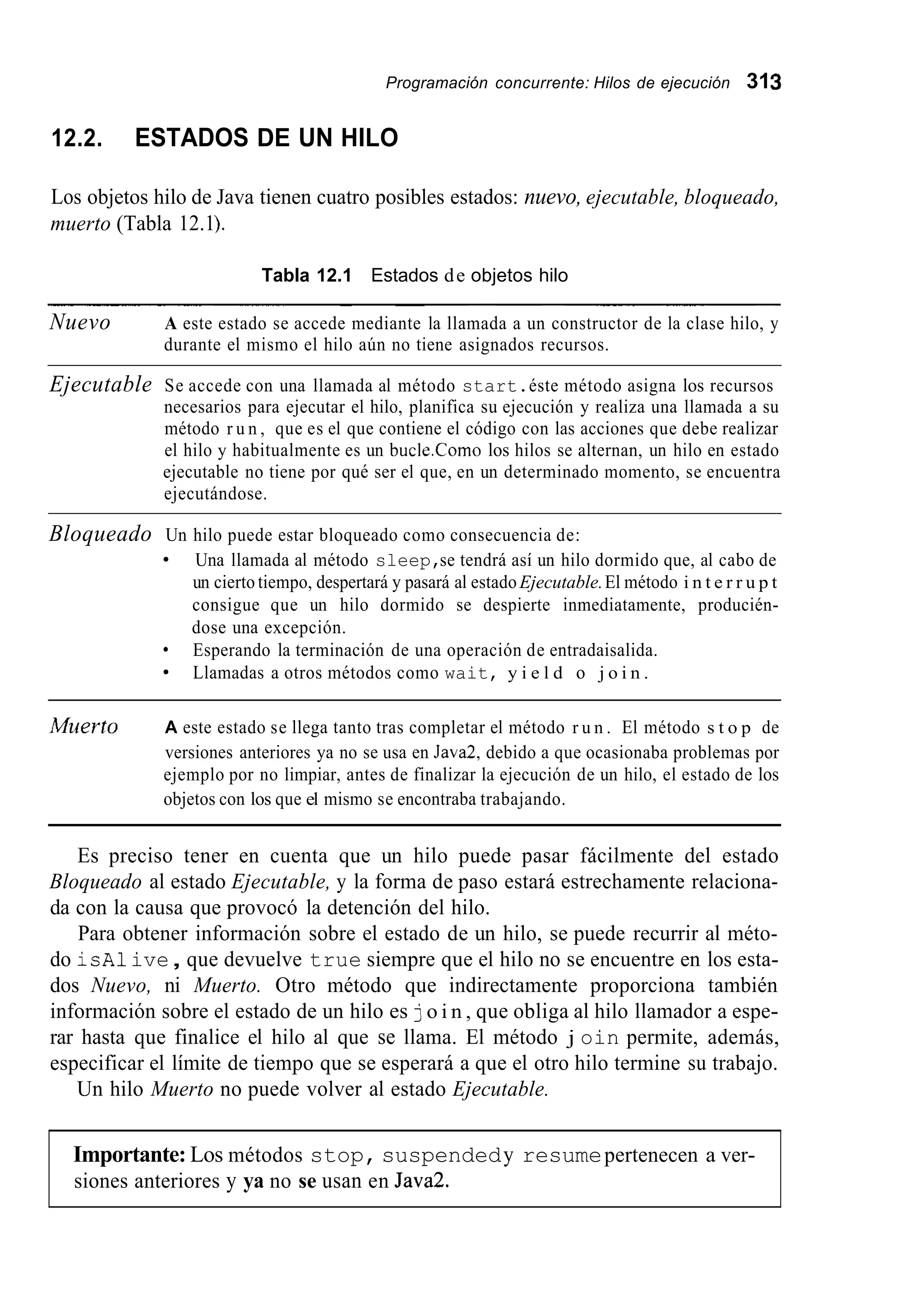 Programación concurrente: Hilos de ejecución 313
12.2. ESTADOS DE UN HILO
Los objetos hilo de Java tienen cuatro posibles estados: nuevo, ejecutable, bloqueado,
muerto (Tabla 12.1).
Tabla 12.1 Estados de objetos hilo
~~~ ~ ~ ~ ~ ~ ~~ ~~~
Nuevo A este estado se accede mediante la llamada a un constructor de la clase hilo, y
durante el mismo el hilo aún no tiene asignados recursos.
Ejecutable Se accede con una llamada al método start.éste método asigna los recursos
necesarios para ejecutar el hilo, planifica su ejecución y realiza una llamada a su
método r u n , que es el que contiene el código con las acciones que debe realizar
el hilo y habitualmente es un bucle.Como los hilos se alternan, un hilo en estado
ejecutable no tiene por qué ser el que, en un determinado momento, se encuentra
ejecutándose.
Bloqueado Un hilo puede estar bloqueado como consecuencia de:
Una llamada al método sleep,se tendrá así un hilo dormido que, al cabo de
un cierto tiempo, despertará y pasará al estadoEjecutable.El método i n t e r r u p t
consigue que un hilo dormido se despierte inmediatamente, producién-
dose una excepción.
Esperando la terminación de una operación de entradaisalida.
Llamadas a otros métodos como wait, y i e l d o j o i n .
Muerto A este estado se llega tanto tras completar el método r u n . El método s t o p de
versiones anteriores ya no se usa en Java2, debido a que ocasionaba problemas por
ejemplo por no limpiar, antes de finalizar la ejecución de un hilo, el estado de los
objetos con los que el mismo se encontraba trabajando.
Es preciso tener en cuenta que un hilo puede pasar fácilmente del estado
Bloqueado al estado Ejecutable, y la forma de paso estará estrechamente relaciona-
da con la causa que provocó la detención del hilo.
Para obtener información sobre el estado de un hilo, se puede recurrir al méto-
do isAlive, que devuelve true siempre que el hilo no se encuentre en los esta-
dos Nuevo, ni Muerto. Otro método que indirectamente proporciona también
información sobre el estado de un hilo es jo i n , que obliga al hilo llamador a espe-
rar hasta que finalice el hilo al que se llama. El método j oin permite, además,
especificar el límite de tiempo que se esperará a que el otro hilo termine su trabajo.
Un hilo Muerto no puede volver al estado Ejecutable.
Importante: Los métodos stop, suspendedy resumepertenecen a ver-
siones anteriores y ya no se usan en Java2.
 