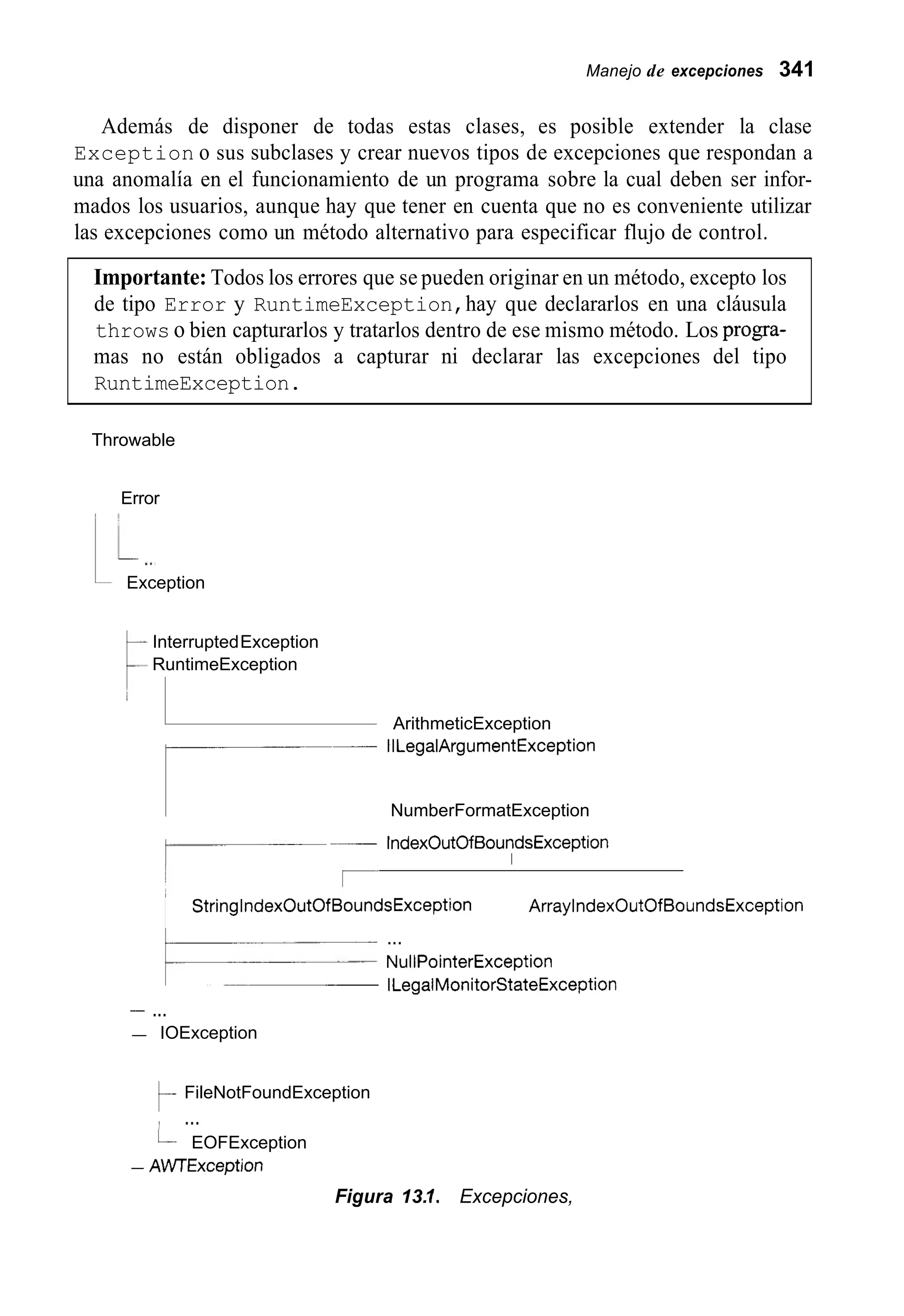 Manejo de excepciones 341
Además de disponer de todas estas clases, es posible extender la clase
Exception o sus subclases y crear nuevos tipos de excepciones que respondan a
una anomalía en el funcionamiento de un programa sobre la cual deben ser infor-
mados los usuarios, aunque hay que tener en cuenta que no es conveniente utilizar
las excepciones como un método alternativo para especificar flujo de control.
Importante: Todos los errores que se pueden originar en un método, excepto los
de tipo Error y RuntimeException,hay que declararlos en una cláusula
throws o bien capturarlos y tratarlos dentro de ese mismo método. Los proga-
mas no están obligados a capturar ni declarar las excepciones del tipo
RuntimeException.
Throwable
Error
Exception
InterruptedException
RuntimeException
ArithmeticException
IlLegalArgumentException
r--NumberFormatException
1- ~~ IndexOutOfBoundsException
I
StringlndexOutOfBoundsException ArraylndexOutOfBoundsException
...
NullPointerException
ILegalMonitorStateException
...-
- IOException
FileNotFoundException
, ...
EOFException
- AWTException
Figura 13.I . Excepciones,
 