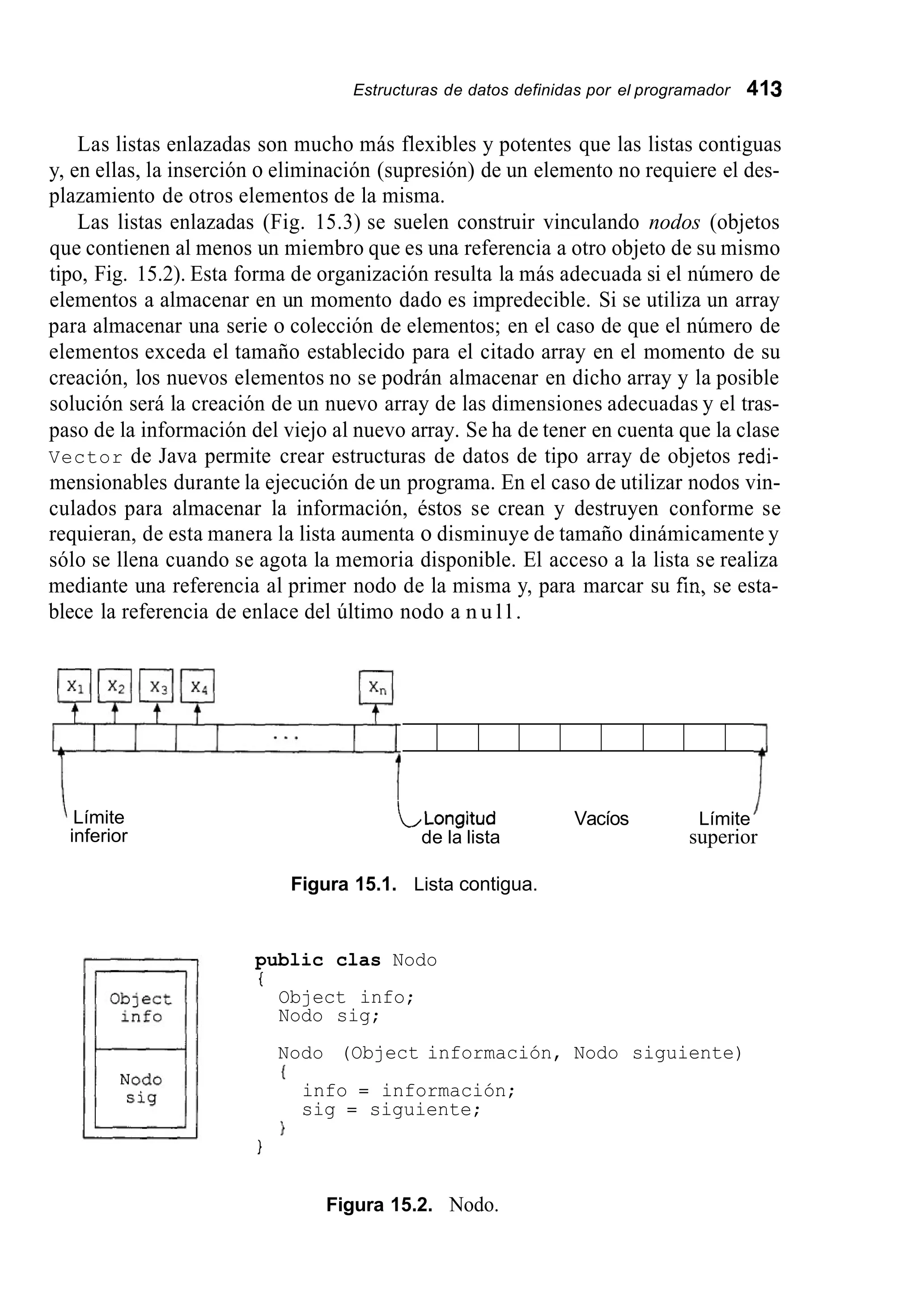 Estructuras de datos definidas por el programador 413
Las listas enlazadas son mucho más flexibles y potentes que las listas contiguas
y, en ellas, la inserción o eliminación (supresión) de un elemento no requiere el des-
plazamiento de otros elementos de la misma.
Las listas enlazadas (Fig. 15.3) se suelen construir vinculando nodos (objetos
que contienen al menos un miembro que es una referencia a otro objeto de su mismo
tipo, Fig. 15.2). Esta forma de organización resulta la más adecuada si el número de
elementos a almacenar en un momento dado es impredecible. Si se utiliza un array
para almacenar una serie o colección de elementos; en el caso de que el número de
elementos exceda el tamaño establecido para el citado array en el momento de su
creación, los nuevos elementos no se podrán almacenar en dicho array y la posible
solución será la creación de un nuevo array de las dimensiones adecuadas y el tras-
paso de la información del viejo al nuevo array. Se ha de tener en cuenta que la clase
Vector de Java permite crear estructuras de datos de tipo array de objetos redi-
mensionables durante la ejecución de un programa. En el caso de utilizar nodos vin-
culados para almacenar la información, éstos se crean y destruyen conforme se
requieran, de esta manera la lista aumenta o disminuye de tamaño dinámicamente y
sólo se llena cuando se agota la memoria disponible. El acceso a la lista se realiza
mediante una referencia al primer nodo de la misma y, para marcar su fin, se esta-
blece la referencia de enlace del último nodo a n u l l .
LLongitud Vacíos Límite
de la lista superior
Límite
inferior
Figura 15.1. Lista contigua.
public clas Nodo
I
Object info;
Nodo sig;
Nodo (Object información, Nodo siguiente)
(
1
info = información;
sig = siguiente;
I
Figura 15.2. Nodo.
 