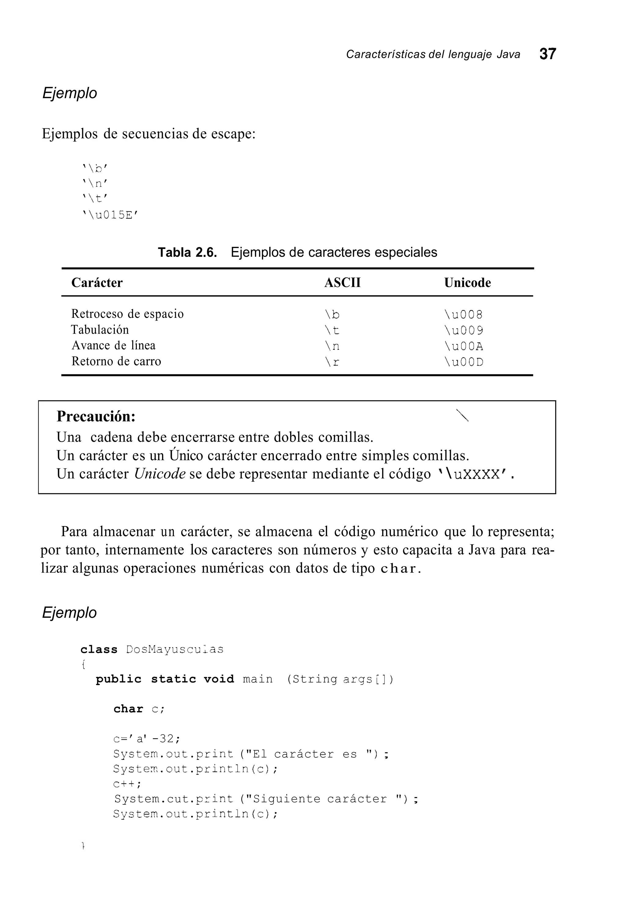 Características del lenguaje Java 37
Ejemplo
Ejemplos de secuencias de escape:
'  k '
'n'
't'
'u015Ef
Tabla 2.6. Ejemplos de caracteres especiales
Carácter ASCII Unicode
Retroceso de espacio
Tabulación
Avance de línea
Retorno de carro
b
t
 n
r
u008
u009
uOOA
uOOD
Precaución: 
Una cadena debe encerrarse entre dobles comillas.
Un carácter es un Único carácter encerrado entre simples comillas.
Un carácter Unicode se debe representar mediante el código ' uXXXX '.
Para almacenar un carácter, se almacena el código numérico que lo representa;
por tanto, internamente los caracteres son números y esto capacita a Java para rea-
lizar algunas operaciones numéricas con datos de tipo char.
Ejemplo
class CocMayuccu;ac
i
public static void main (String argci])
char c;
c='a' -32;
Cystem.out.print ("El carácter es " ) ;
Cystex.out .println(c);
c t t ;
System.cut .print("Siguiente carácter " ) ;
Sycten.out . p r i n t l n (c);
 