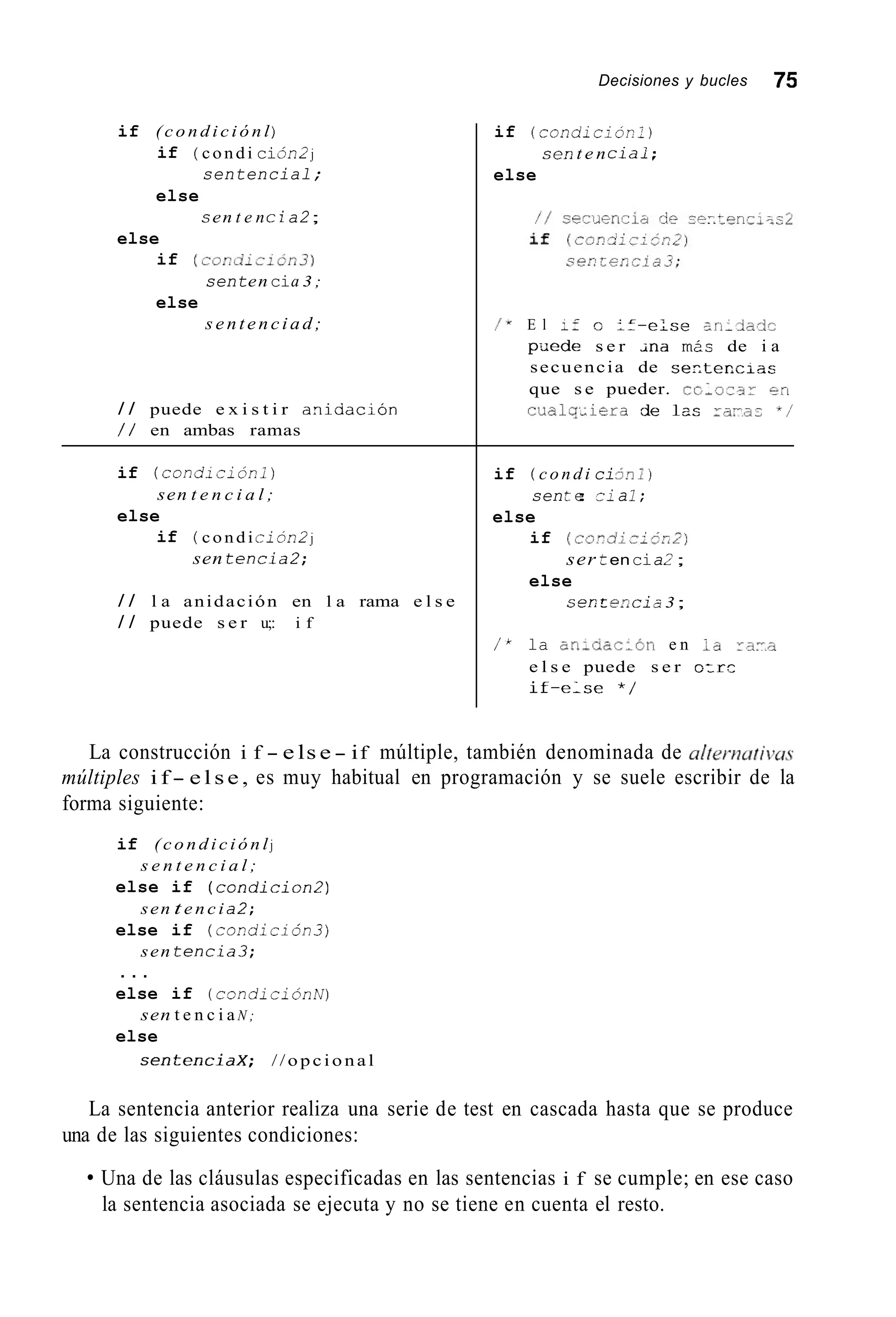 Decisiones y bucles 75
if ( c o n d i c i ó n lj
if
else
( condi ci6n2j
sentencial;
cen t e ncia2;
if ( C o n d i i l c n 3 )
senten cia 3 ;
else
s e n t e n c i a d ;
else
/ / puede e x i s t i r a n i í i a c i ó n
/ / en ambas ramas
if ( c o n d i c i ó n i )
sen t e n c i a l ;
else
if ( c o n d i ción2j
sen t e n c i a 2 ;
/ / l a anidación en l a rama e l s e
/ / puede s e r u;: i f
if ( r o n d i c i ó c l j
seri t e n cia; ;
else
/ x E l 15 r, :?-else ari:3adz
pUede s e r i n a mks de i a
secuencia de s e z t e r e i a s
que s e pueder. C G ~ O Z ~ ~en
cualq,iera de l a c ZaTas * /
if ( c o n d i ci5,: )
sente:: iia1 ;
else
if ( c o c d i ~ i ó ~ ~ 2 )
else
ser tencia2;
sec r e,?ci5; 3;
/ * la an:íiac:ón e n la r a x ~
e l s e puede s e r czrz
if-eLse * /
La construcción i f - e ls e - if múltiple, también denominada de a/ternatiiu~
múltiples i f - e l s e , es muy habitual en programación y se suele escribir de la
forma siguiente:
if ( c o n d i c i ó n lj
s e n t e n c i a l ;
else if ( c o n d i c i o n 2 )
sen t e n c i a2;
else if ( c o n d i c i ó n 3 j
sen t e n c i a 3 ;
. . .
else if ( c o n d i c i ó n N )
else
sen t e n c i a N ;
sentenciax; //opcional
La sentencia anterior realiza una serie de test en cascada hasta que se produce
una de las siguientes condiciones:
Una de las cláusulas especificadas en las sentencias i f se cumple; en ese caso
la sentencia asociada se ejecuta y no se tiene en cuenta el resto.
 