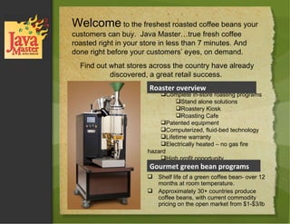 Welcome  to the freshest roasted coffee beans your customers can buy.  Java Master…true fresh coffee roasted right in your store in less than 7 minutes. And done right before your customers’ eyes, on demand.  Find out what stores across the country have already discovered, a great retail success.  Complete in-store roasting programs Stand alone solutions Roastery Kiosk Roasting Cafe Patented equipment Computerized, fluid-bed technology Lifetime warranty Electrically heated – no gas fire hazard High profit opportunity Shelf life of a green coffee bean- over 12 months at room temperature. Approximately 30+ countries produce coffee beans, with current commodity pricing on the open market from $1-$3/lb Roaster overview Gourmet green bean programs 