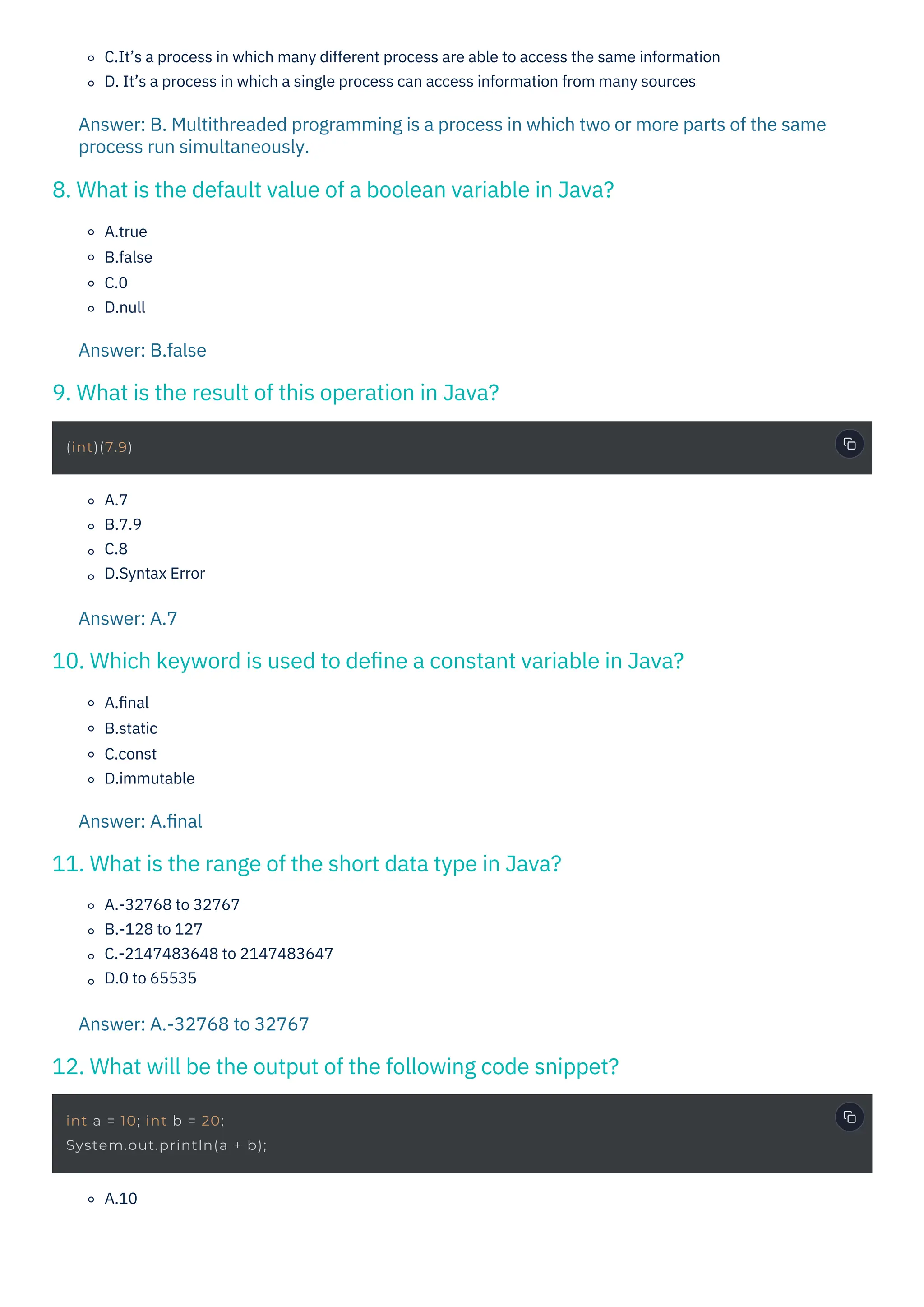 Java MCQ Questions and Answers PDF By ScholarHat | PDF