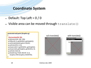 Coordinate SystemDefault: Top Left = 0 / 0Visible areacanbemovedthroughtranslate()Andreas Jakl, 200928protectedvoidpaint (Graphics g){  //g.translate(50, 50);g.setColor(128, 128, 128);g.fillRect(0, 0, getWidth(), getHeight());g.setStrokeStyle(Graphics.SOLID);g.setColor(255, 0, 0);g.drawLine(0, 0, getWidth(), getHeight());g.drawLine(0, getHeight(), getWidth(), 0);g.setColor (0,0, 0);g.drawString ("Hello World", 0, 0, Graphics.TOP|Graphics.HCENTER);}w/o translate()withtranslate()
