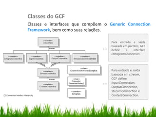 Classes do GCF
                Classes e interfaces que compõem o Generic Connection
                Framework, bem como suas relações.

                                                    Para entrada e saída
                                                    baseada em pacotes, GCF
                                                    define   a    interface
                                                    DatagramConnection.
Classe Canvas




                                                    Para entrada e saída
                                                    baseada em stream,
                                                    GCF define
                                                    InputConnection,
                                                    OutputConnection,
                                                    StreamConnection e
                                                    ContentConnection.
 