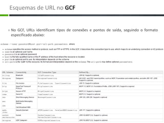 Esquemas de URL no GCF


» No GCF, URLs identificam tipos de conexões e pontos de saída, seguindo o formato
 especificado abaixo:
 