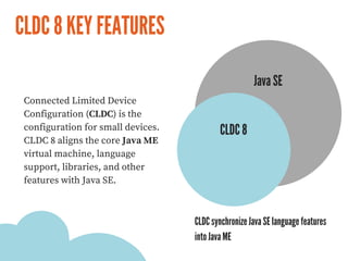 CLDC 8 KEY FEATURES
CLDC 8
Java SE
CLDC synchronize Java SE language features
into Java ME
 