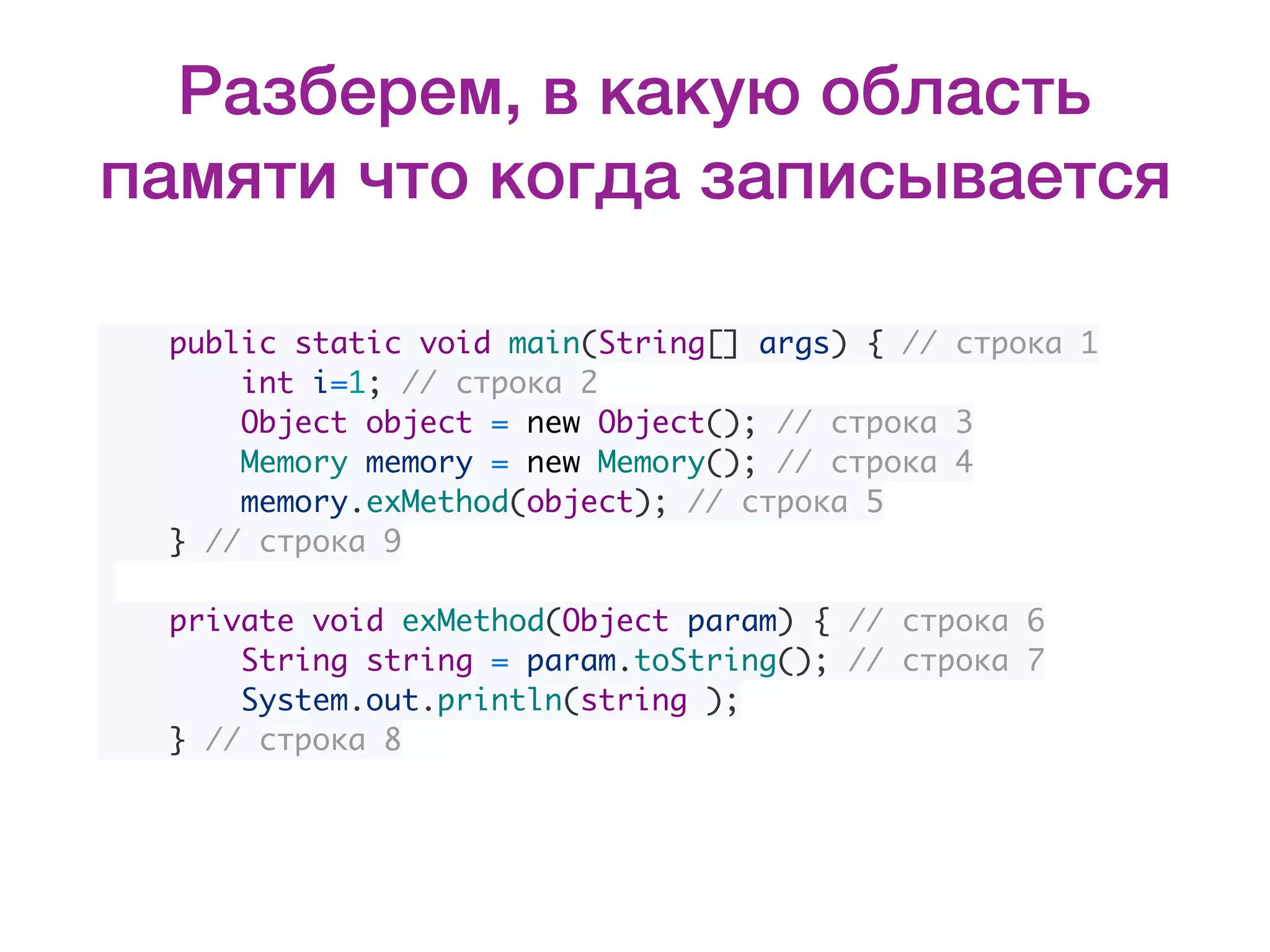 Разберем, в какую область памяти что когда записывается     public static void main(String[] args) { // строка 1         int i=1; // строка 2         Object object = new Object(); // строка 3         Memory memory = new Memory(); // строка 4         memory.exMethod(object); // строка 5     } // строка 9     private void exMethod(Object param) { // строка 6         String string = param.toString(); // строка 7         System.out.println(string );     } // строка 8 