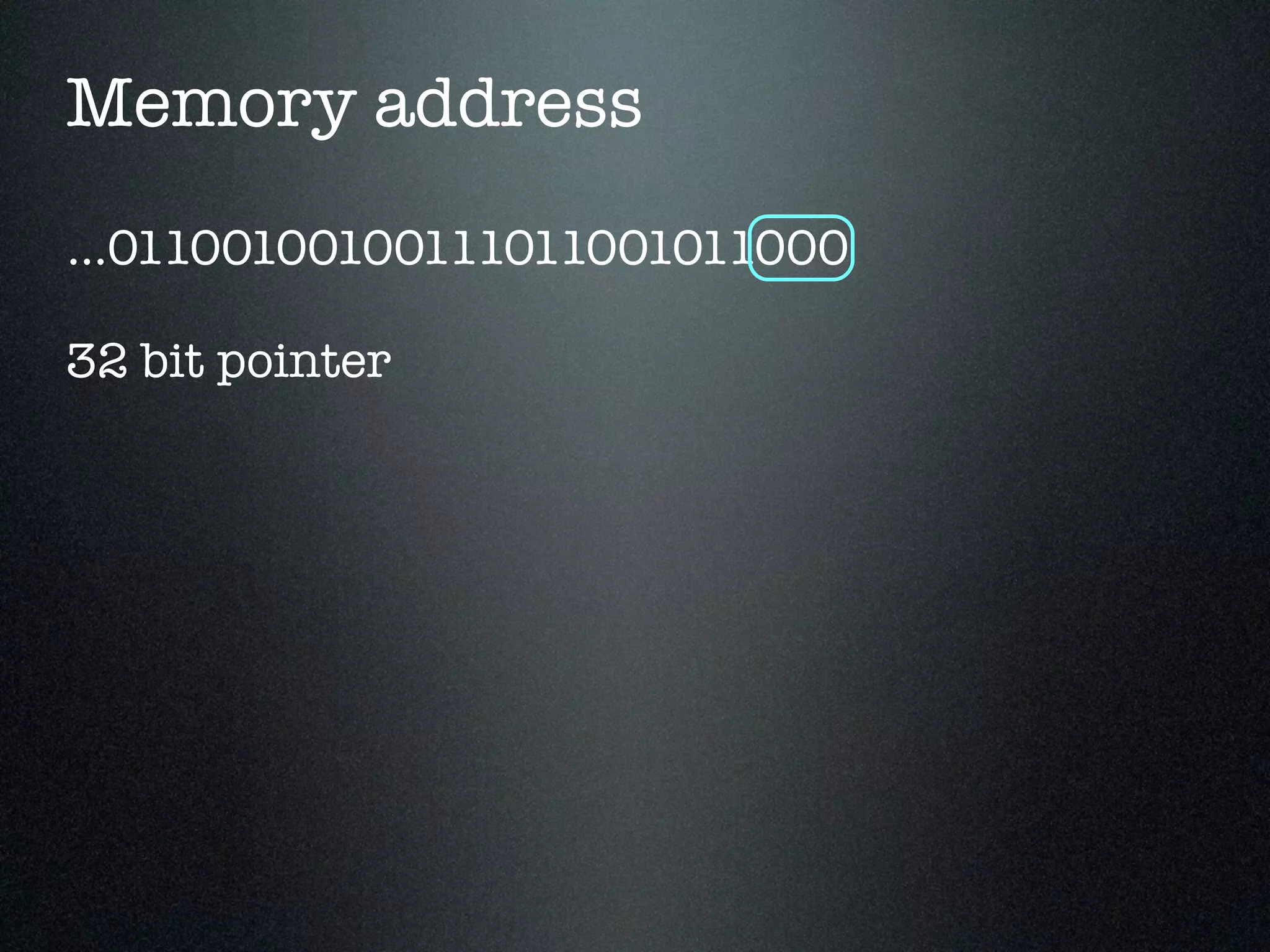Memory address ...01100100100111011001011000 32 bit pointer 