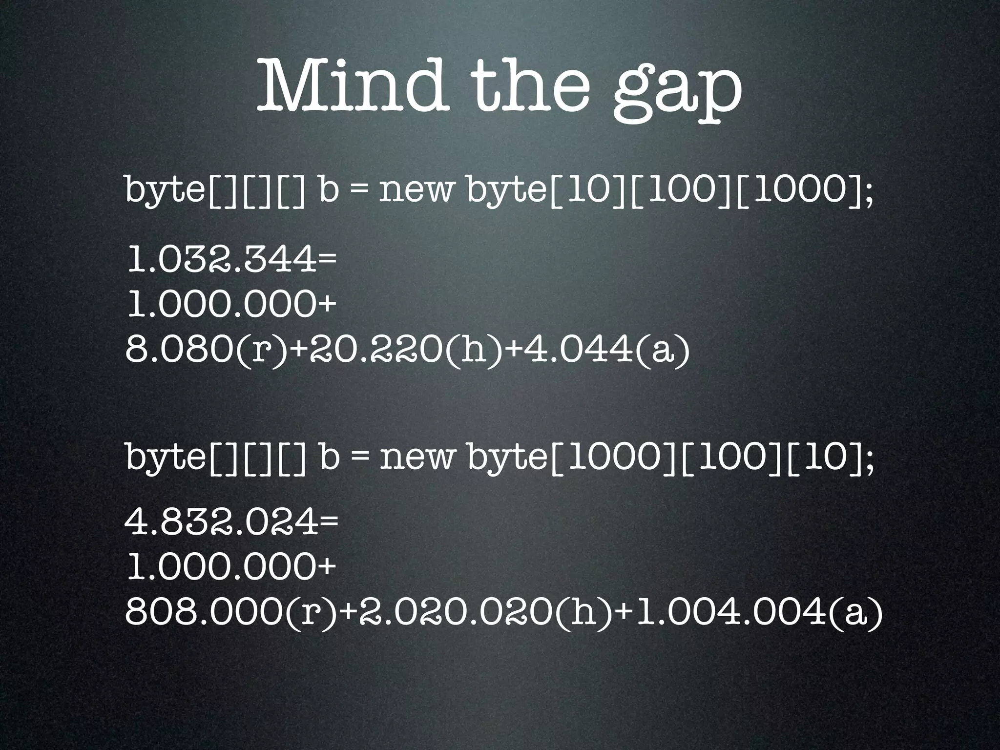 Mind the gap byte[][][] b = new byte[1000][100][10]; byte[][][] b = new byte[10][100][1000]; 4.832.024= 1.000.000+ 808.000(r)+2.020.020(h)+1.004.004(a) 1.032.344= 1.000.000+ 8.080(r)+20.220(h)+4.044(a) 