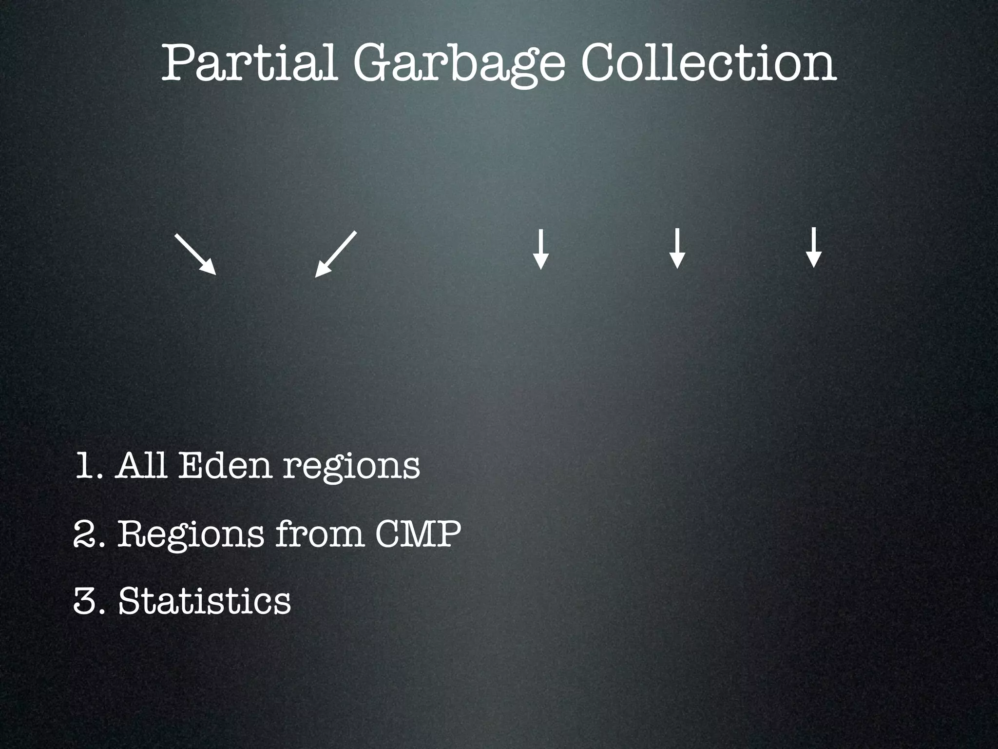 Partial Garbage Collection 1. All Eden regions 2. Regions from CMP 3. Statistics 