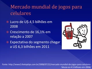  Lucro de U$ 4,5 bilhões em
      2008
     Crescimento de 16,1% em
      relação a 2007
     Expectativa do segmento chegar
      a U$ 6,3 bilhões em 2011



Fonte: http://www2.thetoptips.com.br/2008/07/22/mercado-mundial-de-jogos-para-celulares-
                                                         fatura-us-4-5-bilhoes-em-2008/
 
