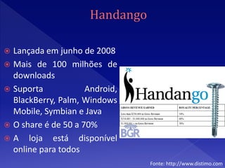  Lançada em junho de 2008
 Mais de 100 milhões de
  downloads
 Suporta            Android,
  BlackBerry, Palm, Windows
  Mobile, Symbian e Java
 O share é de 50 a 70%
 A loja está disponível
  online para todos
                                Fonte: http://www.distimo.com
 