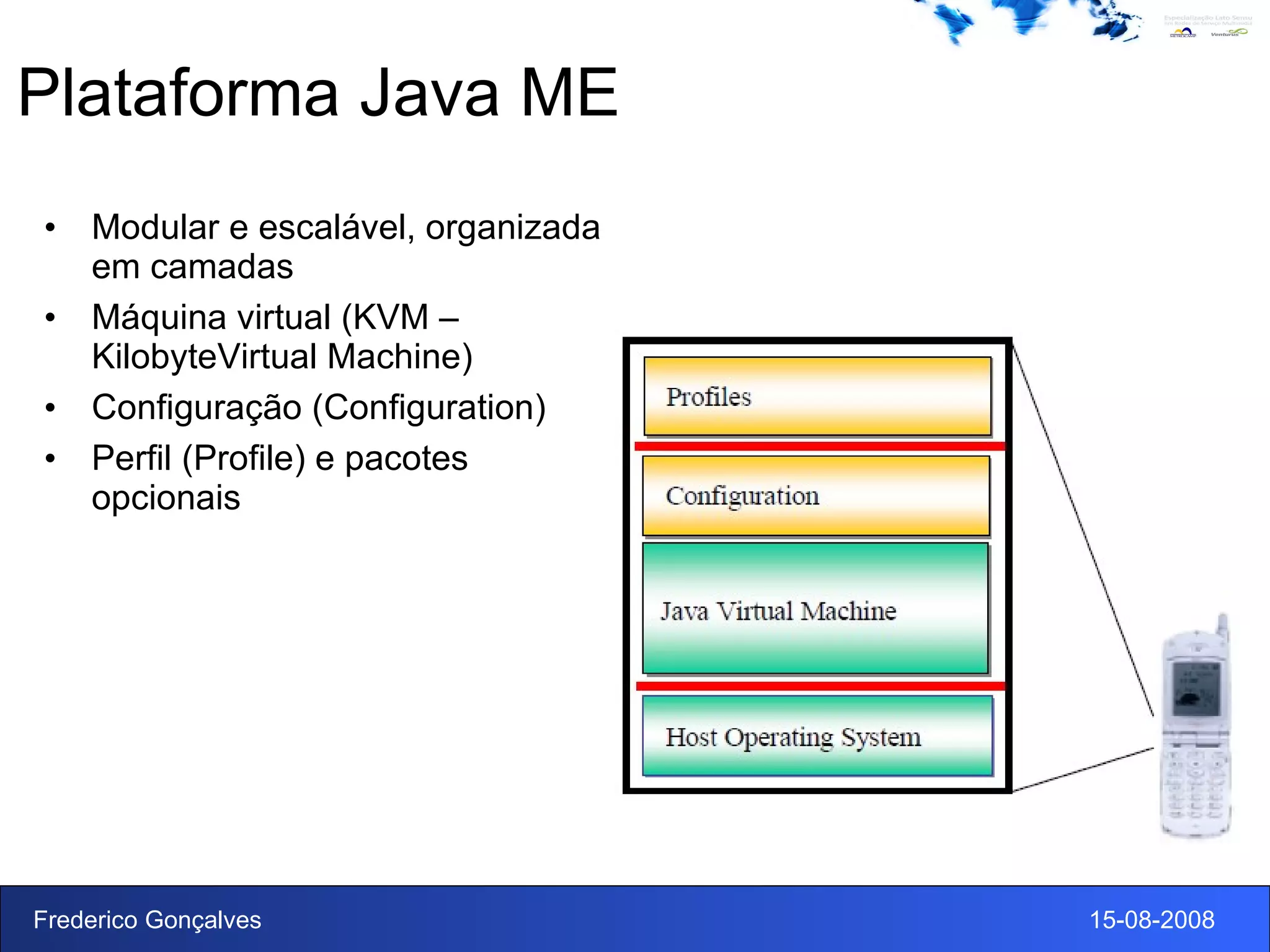 Plataforma Java ME Modular e escalável, organizada em camadas Máquina virtual (KVM –KilobyteVirtual Machine) Configuração (Configuration) Perfil (Profile) e pacotes opcionais 