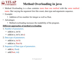 Method Overloading in java
• Method Overloading is a class contains more than one method with the same method
name. But varying the argument lists like count, data type and arguments sequence.
• Example:
• Addition of two number for integer as well as float.
• Advantages
• Method overloading increases the readability of the program.
Different approaches of method overloading
1. Number of parameters.
• add(int a, int b)
• add(int a, int b, int c)
2. Data type of parameters.
• add(int a, int b)
• add(int a, float b)
3. Sequence of Data type of parameters.
• add(int, float)
• add(float, int)
Dr. Kuppusamy P
 