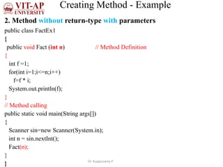 Creating Method - Example
2. Method without return-type with parameters
public class FactEx1
{
public void Fact (int n) // Method Definition
{
int f =1;
for(int i=1;i<=n;i++)
f=f * i;
System.out.println(f);
}
// Method calling
public static void main(String args[])
{
Scanner sin=new Scanner(System.in);
int n = sin.nextInt();
Fact(n);
}
} Dr. Kuppusamy P
 