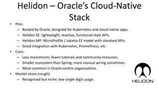 Helidon – Oracle’s Cloud-Native
Stack
• Pros:
– Backed by Oracle; designed for Kubernetes and cloud-native apps.
– Helidon SE: lightweight, reactive, functional-style APIs.
– Helidon MP: MicroProfile / Jakarta EE model with standard APIs.
– Good integration with Kubernetes, Prometheus, etc.
• Cons:
– Less mainstream; fewer tutorials and community resources.
– Smaller ecosystem than Spring; more manual wiring sometimes.
– More common in Oracle-centric organizations.
• Market share (rough):
– Recognized but niche; low single-digit usage.
 