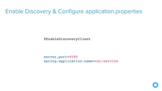 Enable Discovery & Configure application.properties
server.port=8090
spring.application.name=car-service
@EnableDiscoveryClient
 