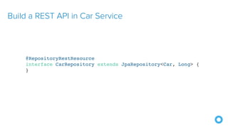 Build a REST API in Car Service
@RepositoryRestResource
interface CarRepository extends JpaRepository<Car, Long> {
}
 