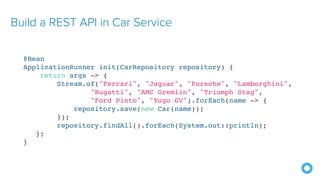 Build a REST API in Car Service
@Bean
ApplicationRunner init(CarRepository repository) {
return args -> {
Stream.of("Ferrari", "Jaguar", "Porsche", "Lamborghini",
"Bugatti", "AMC Gremlin", "Triumph Stag",
"Ford Pinto", "Yugo GV").forEach(name -> {
repository.save(new Car(name));
});
repository.findAll().forEach(System.out::println);
};
}
 