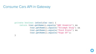 Consume Cars API in Gateway
private boolean isCool(Car car) {
return !car.getName().equals("AMC Gremlin") &&
!car.getName().equals("Triumph Stag") &&
!car.getName().equals("Ford Pinto") &&
!car.getName().equals(“Yugo GV");
}
 