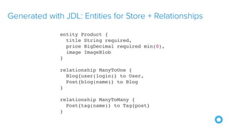 Generated with JDL: Entities for Store + Relationships
entity Product {
title String required,
price BigDecimal required min(0),
image ImageBlob
}
relationship ManyToOne {
Blog{user(login)} to User,
Post{blog(name)} to Blog
}
relationship ManyToMany {
Post{tag(name)} to Tag{post}
}
 