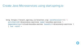 Create Java Microservices using start.spring.io
http https://start.spring.io/starter.zip javaVersion==11 
artifactId==discovery-service name==eureka-service 
dependencies==cloud-eureka-server baseDir==discovery-service 
| tar -xzvf -
 