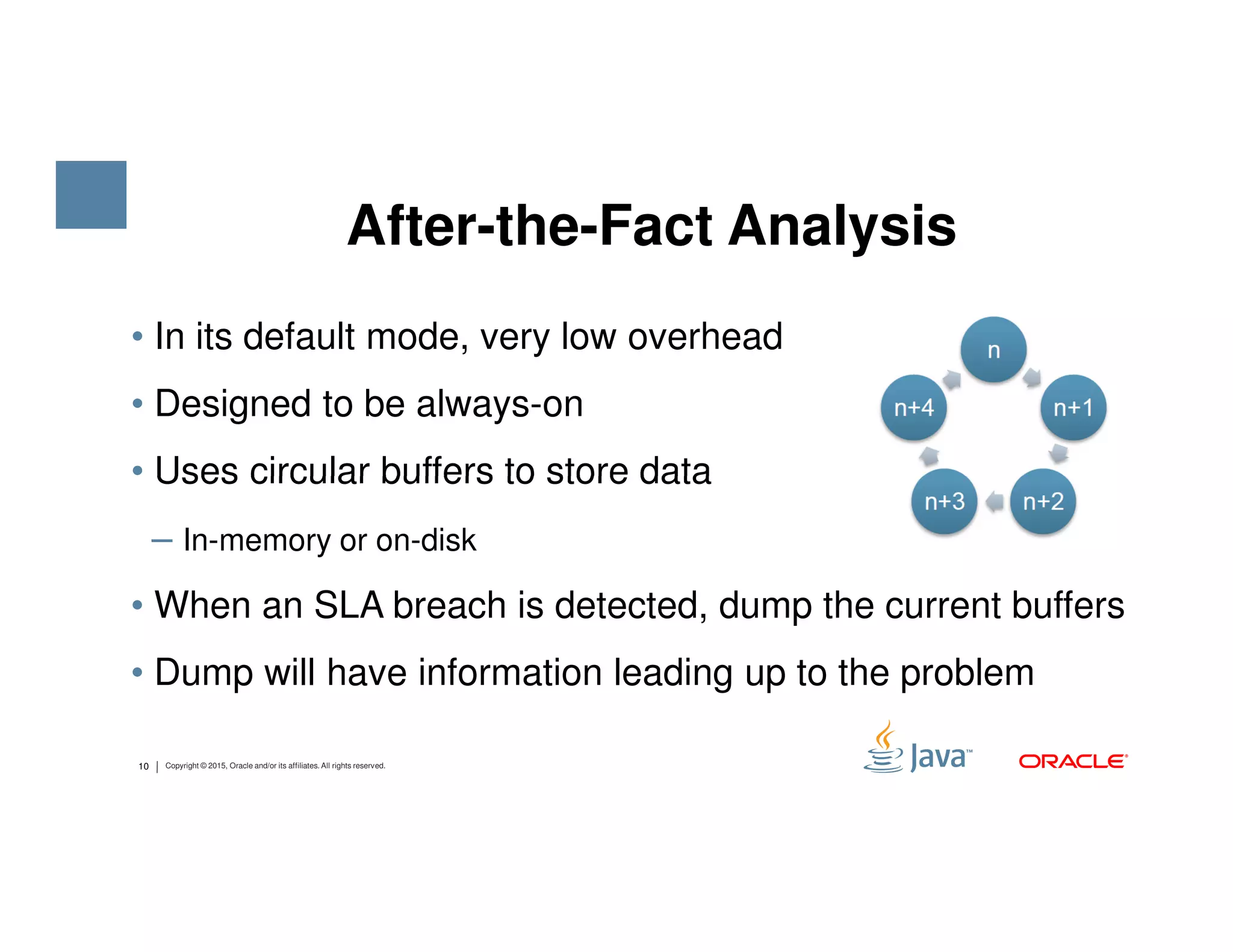 • In its default mode, very low overhead • Designed to be always-on • Uses circular buffers to store data After-the-Fact Analysis 10 Copyright © 2015, Oracle and/or its affiliates. All rights reserved. • Uses circular buffers to store data ‒ In-memory or on-disk • When an SLA breach is detected, dump the current buffers • Dump will have information leading up to the problem 