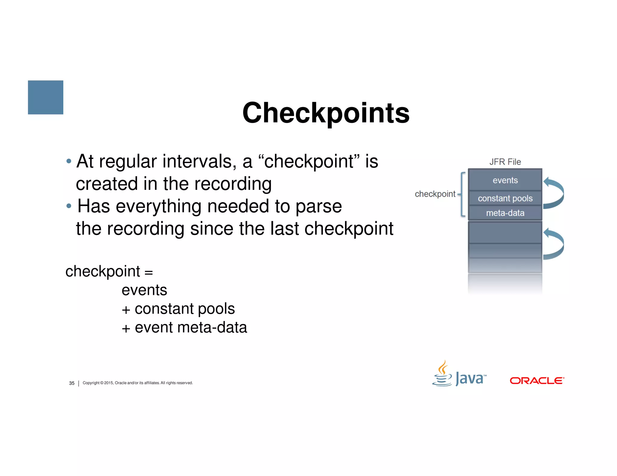 • At regular intervals, a “checkpoint” is created in the recording • Has everything needed to parse the recording since the last checkpoint Checkpoints 35 Copyright © 2015, Oracle and/or its affiliates. All rights reserved. the recording since the last checkpoint checkpoint = events + constant pools + event meta-data 