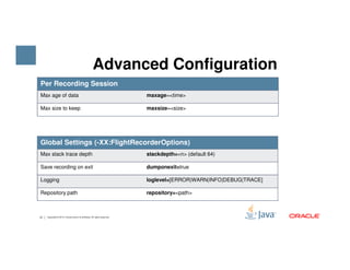 Advanced Configuration
Per Recording Session
Max age of data maxage=<time>
Max size to keep maxsize=<size>
12 Copyright © 2015, Oracle and/or its affiliates. All rights reserved.
Global Settings (-XX:FlightRecorderOptions)
Max stack trace depth stackdepth=<n> (default 64)
Save recording on exit dumponexit=true
Logging loglevel=[ERROR|WARN|INFO|DEBUG|TRACE]
Repository path repository=<path>
 