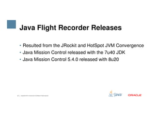 Java Flight Recorder Releases
• Resulted from the JRockit and HotSpot JVM Convergence
• Java Mission Control released with the 7u40 JDK
• Java Mission Control 5.4.0 released with 8u20
37 Copyright © 2015, Oracle and/or its affiliates. All rights reserved.
• Java Mission Control 5.4.0 released with 8u20
 