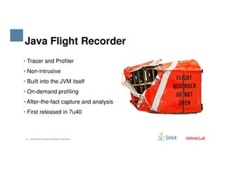 • Tracer and Profiler
• Non-intrusive
• Built into the JVM itself
Java Flight Recorder
5 Copyright © 2015, Oracle and/or its affiliates. All rights reserved.
• On-demand profiling
• After-the-fact capture and analysis
• First released in 7u40
 