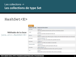 Les collections ->
Les collections de type Set
HashSet<E>
Méthodes de la classe
java.util.HashSet<E>
Papa Cheikh CISSE, http://pacheikh.wordpress.com, @pacheikhcisse 12
 