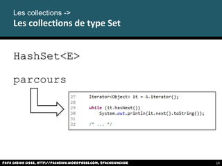 HashSet<E>
parcours
Les collections ->
Les collections de type Set
Papa Cheikh CISSE, http://pacheikh.wordpress.com, @pacheikhcisse 14
 