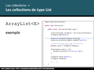 Papa Cheikh CISSE, http://pacheikh.wordpress.com, @pacheikhcisse
Les collections ->
Les collections de type List
ArrayList<E>
exemple
Papa Cheikh CISSE, http://pacheikh.wordpress.com, @pacheikhcisse 21
 