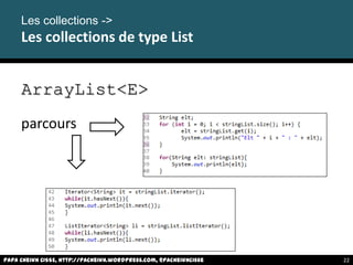 Papa Cheikh CISSE, http://pacheikh.wordpress.com, @pacheikhcisse
Les collections ->
Les collections de type List
ArrayList<E>
parcours
Papa Cheikh CISSE, http://pacheikh.wordpress.com, @pacheikhcisse 22
 