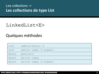 Papa Cheikh CISSE, http://pacheikh.wordpress.com, @pacheikhcisse
Les collections ->
Les collections de type List
LinkedList<E>
Quelques méthodes
void addFirst(Object o)
void add(int index, E element)
Object getFirst()
Object get(int index)
Object set(int index, E element)
Papa Cheikh CISSE, http://pacheikh.wordpress.com, @pacheikhcisse 25
 