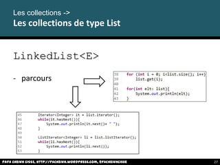 Papa Cheikh CISSE, http://pacheikh.wordpress.com, @pacheikhcisse
Les collections ->
Les collections de type List
LinkedList<E>
- parcours
Papa Cheikh CISSE, http://pacheikh.wordpress.com, @pacheikhcisse 27
 