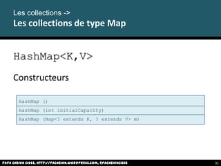 HashMap<K,V>
Constructeurs
Papa Cheikh CISSE, http://pacheikh.wordpress.com, @pacheikhcisse
Les collections ->
Les collections de type Map
HashMap ()
HashMap (int initialCapacity)
HashMap (Map<? extends K, ? extends V> m)
Papa Cheikh CISSE, http://pacheikh.wordpress.com, @pacheikhcisse 31
 