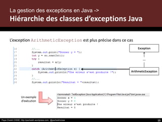 Papa Cheikh CISSE, http://pacheikh.wordpress.com, @pacheikhcisse
L’exception ArithmeticException est plus précise dans ce cas
Exception
ArithmeticException
…
Un exemple
d’exécution
La gestion des exceptions en Java ->
Hiérarchie des classes d’exceptions Java
Papa Cheikh CISSE, http://pacheikh.wordpress.com, @pacheikhcisse 13
 