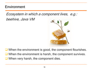 Environment

Ecosystem in which a component lives, e.g.:
beehive, Java VM




 When the environment is good, the component flourishes.
 When the environment is harsh, the component survives.
 When very harsh, the component dies.

                          18
 