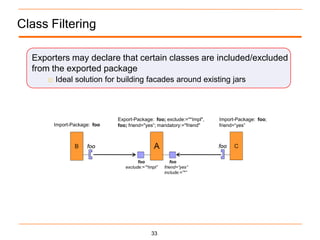 Class Filtering

  Exporters may declare that certain classes are included/excluded
  from the exported package
      o Ideal solution for building facades around existing jars



                             Export-Package: foo; exclude:="*Impl",   Import-Package: foo;
       Import-Package: foo   foo; friend="yes“; mandatory:="friend"   friend=“yes”




                                      foo              foo
                                exclude:=”*Impl”   friend=”yes”
                                                   include:=”*”




                                            33
 