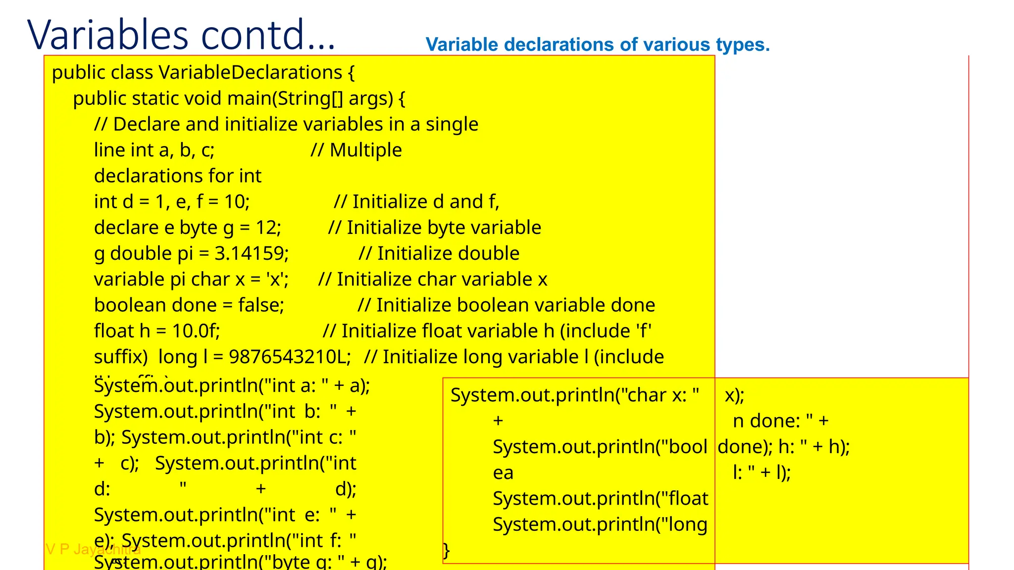 Variables contd… Variable declarations of various types.
public class VariableDeclarations {
public static void main(String[] args) {
// Declare and initialize variables in a single
line int a, b, c; // Multiple
declarations for int
int d = 1, e, f = 10; // Initialize d and f,
declare e byte g = 12; // Initialize byte variable
g double pi = 3.14159; // Initialize double
variable pi char x = 'x'; // Initialize char variable x
boolean done = false; // Initialize boolean variable done
float h = 10.0f; // Initialize float variable h (include 'f'
suffix) long l = 9876543210L; // Initialize long variable l (include
'L' suffix)
// Print the variables to verify
System.out.println("int a: " + a);
System.out.println("int b: " +
b); System.out.println("int c: "
+ c); System.out.println("int
d: " + d);
System.out.println("int e: " +
e); System.out.println("int f: "
System.out.println("char x: "
+
System.out.println("bool
ea
System.out.println("float
System.out.println("long
}
x);
n done: " +
done); h: " + h);
l: " + l);
System.out.println("byte g: " + g);
 