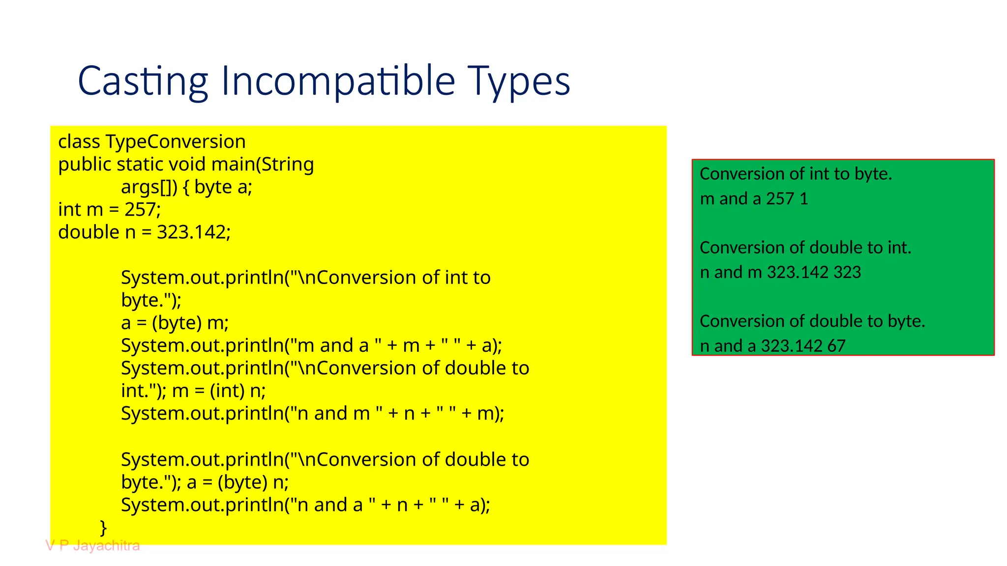 Casting Incompatible Types
Conversion of int to byte.
m and a 257 1
Conversion of double to int.
n and m 323.142 323
Conversion of double to byte.
n and a 323.142 67
class TypeConversion
public static void main(String
args[]) { byte a;
int m = 257;
double n = 323.142;
System.out.println("nConversion of int to
byte.");
a = (byte) m;
System.out.println("m and a " + m + " " + a);
System.out.println("nConversion of double to
int."); m = (int) n;
System.out.println("n and m " + n + " " + m);
System.out.println("nConversion of double to
byte."); a = (byte) n;
System.out.println("n and a " + n + " " + a);
}
 