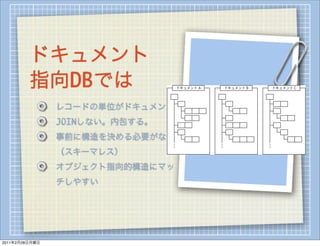 ドキュメント
         指向DBでは
                レコードの単位がドキュメント
                JOINしない。内包する。
                事前に構造を決める必要がない
                （スキーマレス）
                オブジェクト指向的構造にマッ
                チしやすい




2011年2月28日月曜日
 